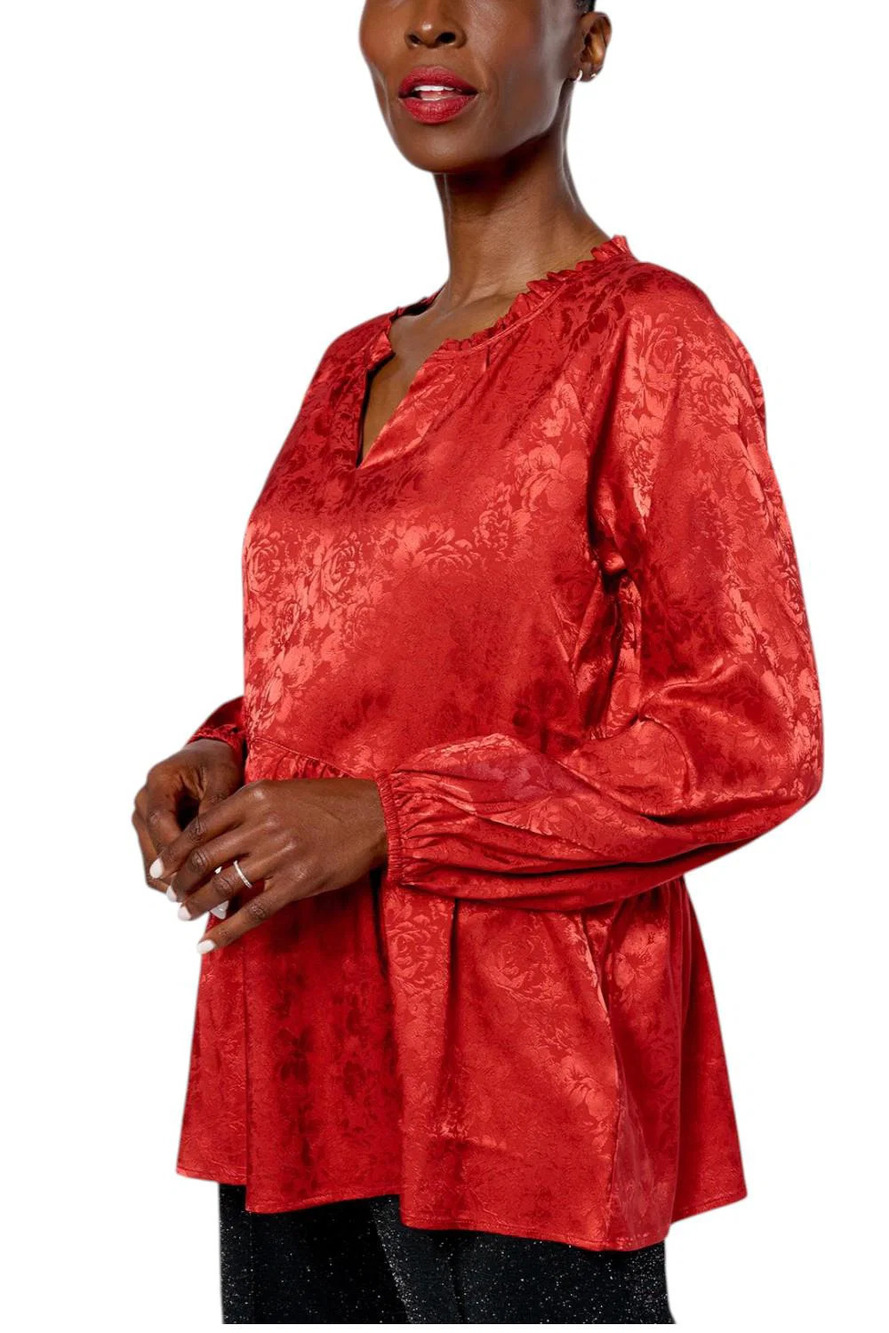 Isaac Mizrahi Live! Women's Jacquard Shirred Peplum Blouse Cinnamon - Plus